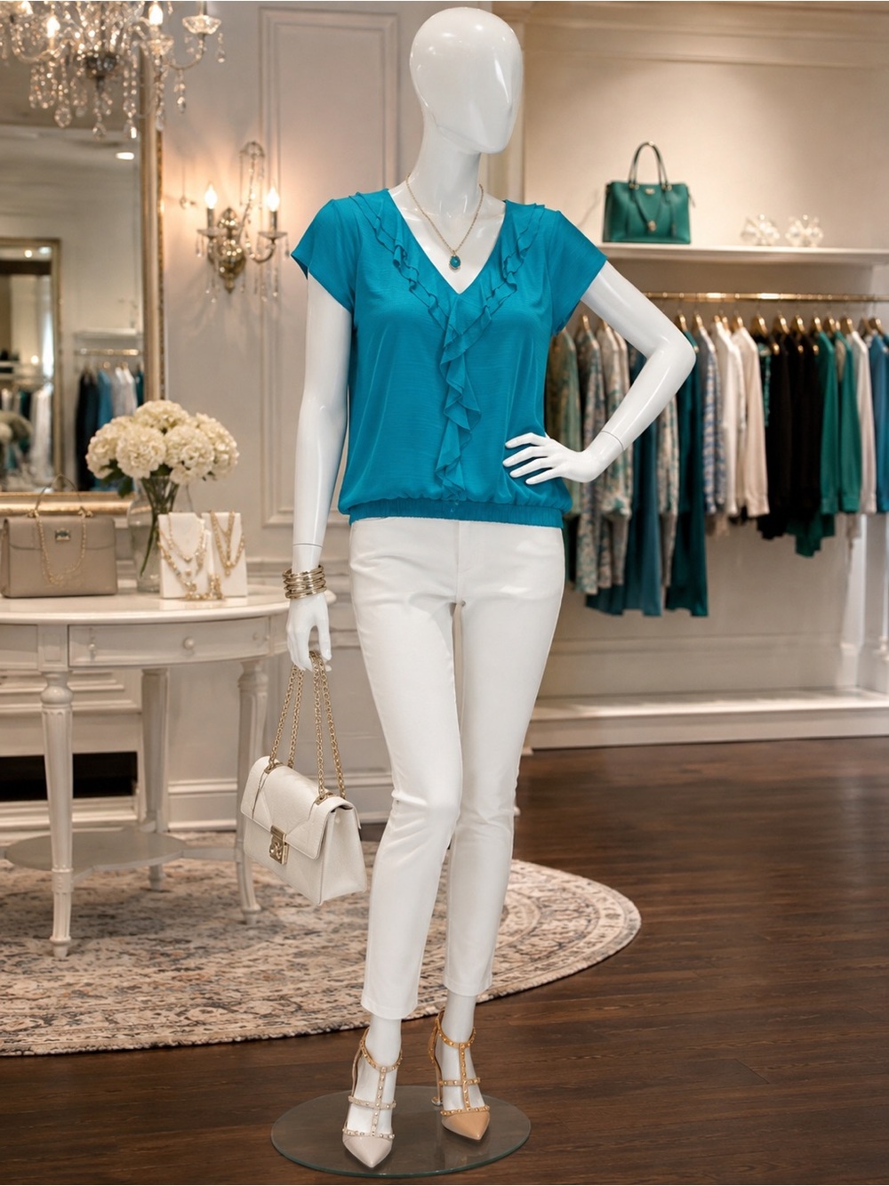 East 5th Turquoise Ruffled V-Neck Blouse